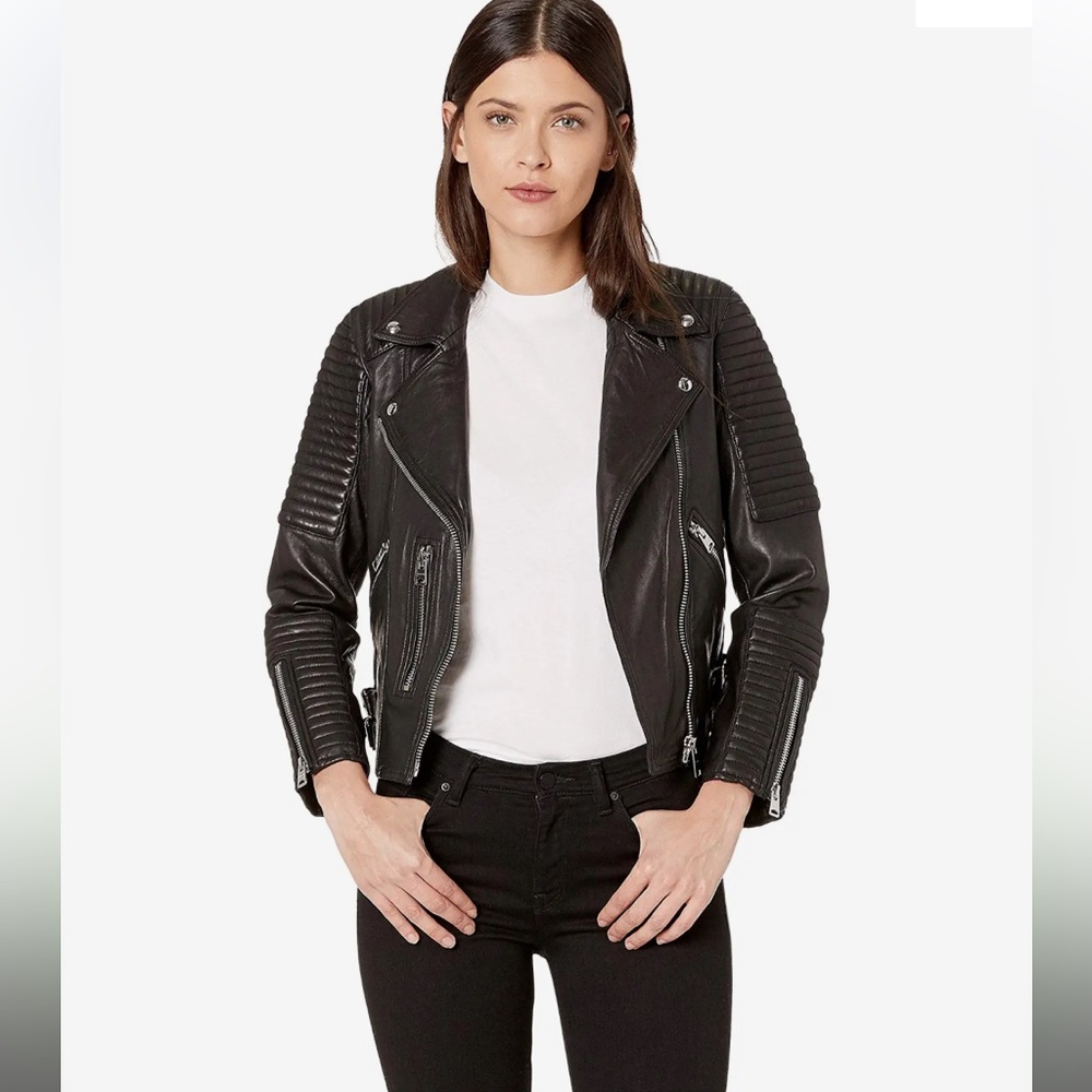 AllSaints Estella Leather Biker Jacket, Black, Size 10
